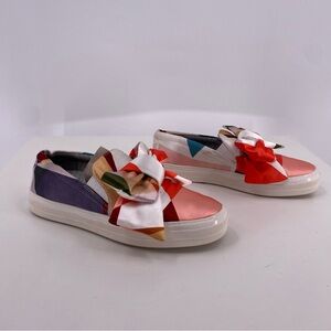 Nine West Women Satin Bow Geometric Coral Pink Blue Bow Trainer Sneaker Platform